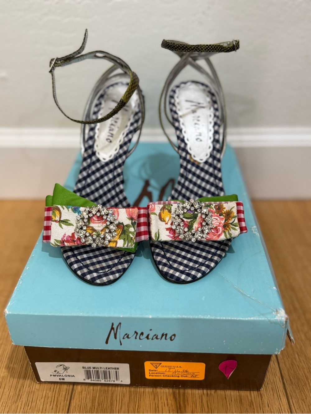 Marciano Navy Gingham Floral Bow Ankle-Strap Heels